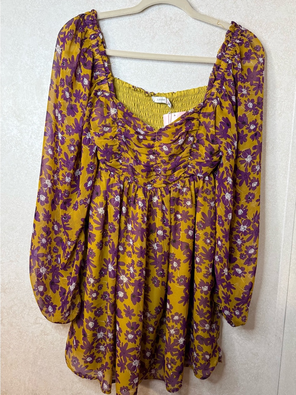 Lush Mustard Yellow and Purple Floral Smocked Dress